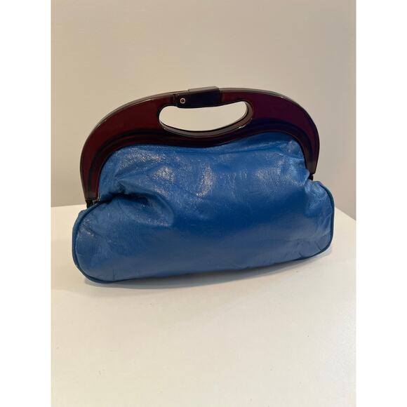 Vintage Blue Faux Leather Handbag with Brown Lucite Handle JL - Picture 1 of 7